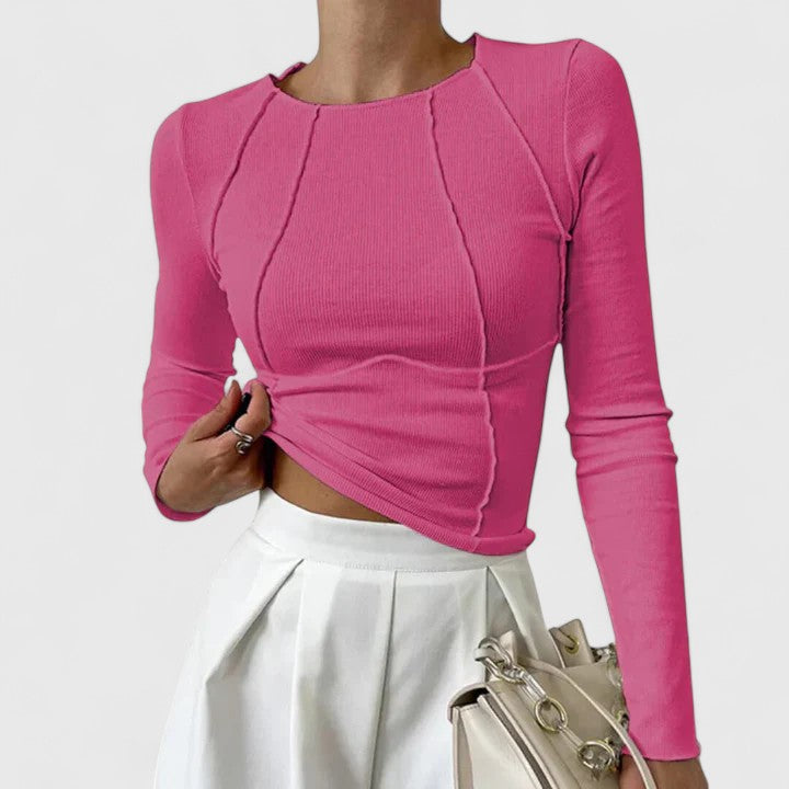 Women's Ribbed Knit Top with Crew Neck and Seamed Front