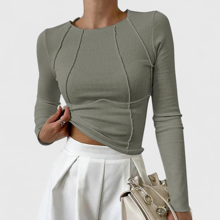 Women's Ribbed Knit Top with Crew Neck and Seamed Front