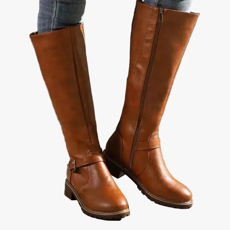 Women's Riding Synthetic Boots with Side Zipper and Buckle Strap