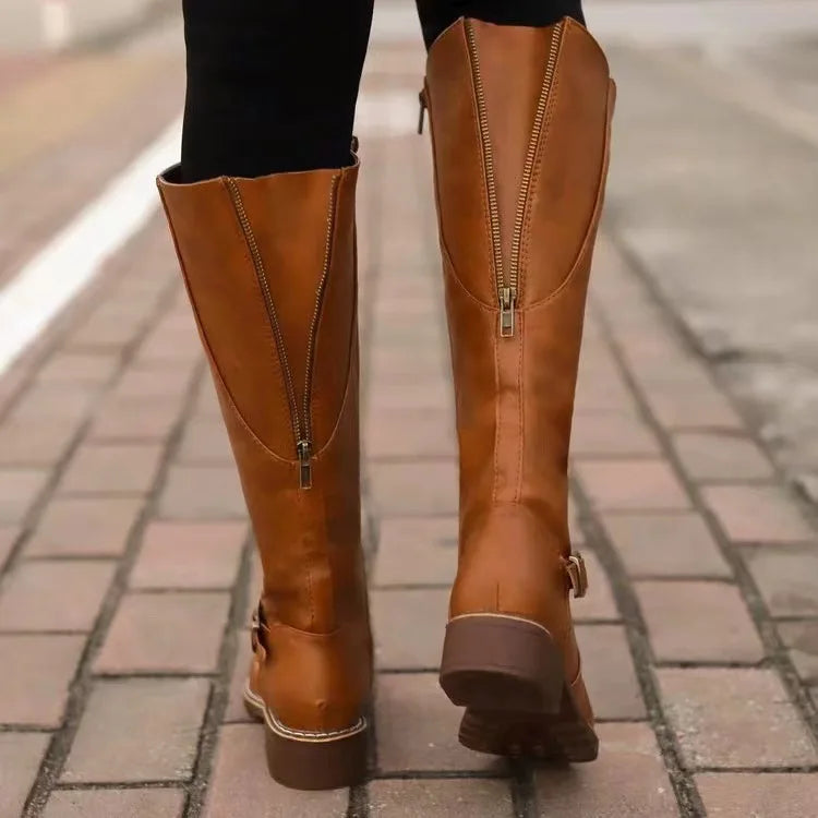 Women's Riding Synthetic Boots with Side Zipper and Buckle Strap