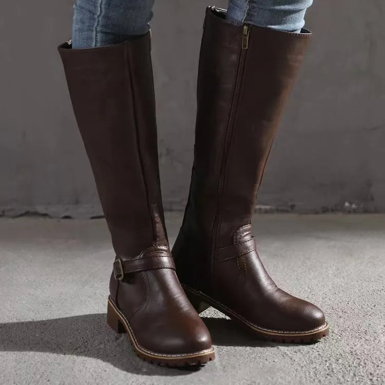 Women's Riding Synthetic Boots with Side Zipper and Buckle Strap
