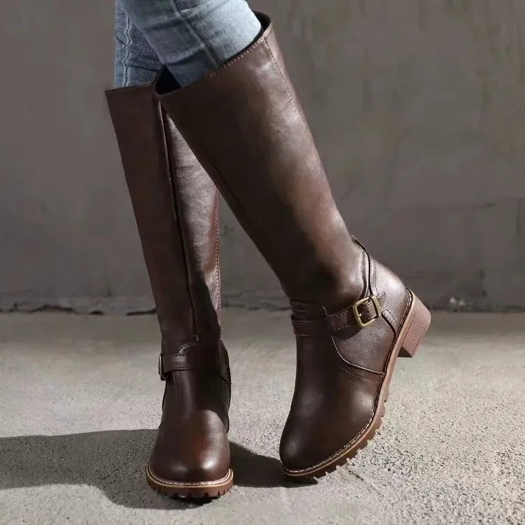 Women's Riding Synthetic Boots with Side Zipper and Buckle Strap