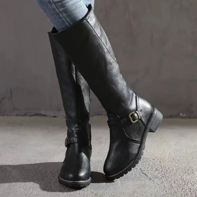 Women's Riding Synthetic Boots with Side Zipper and Buckle Strap