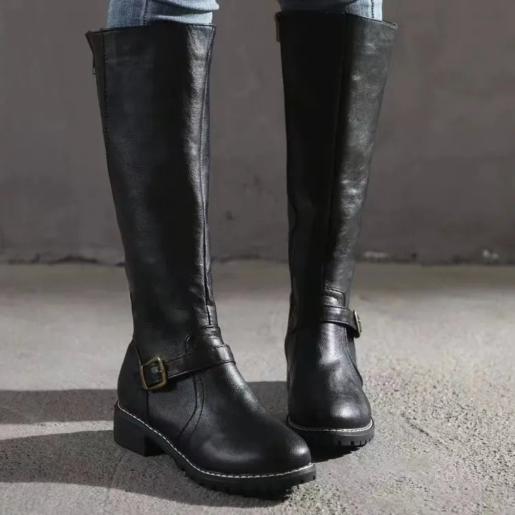 Women's Riding Synthetic Boots with Side Zipper and Buckle Strap