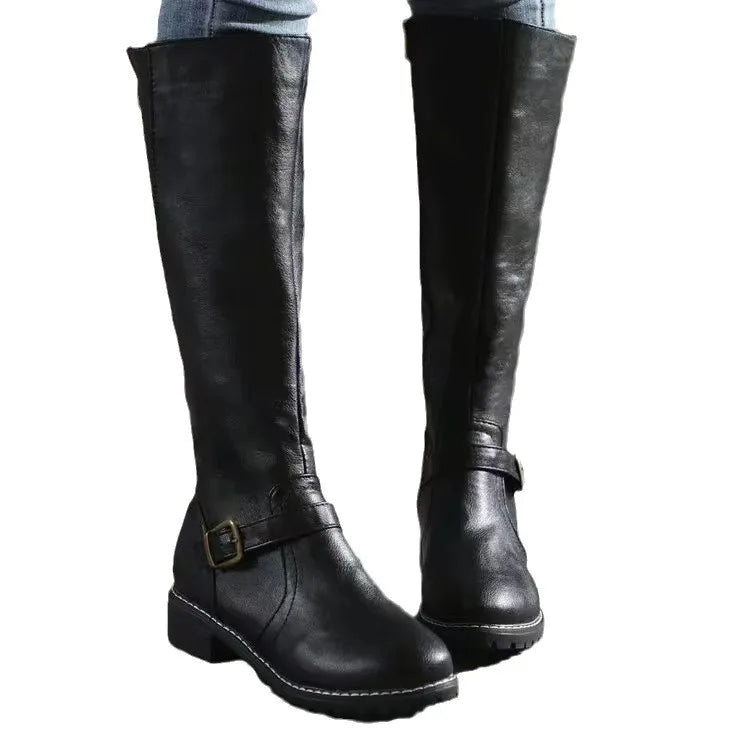 Women's Riding Synthetic Boots with Side Zipper and Buckle Strap