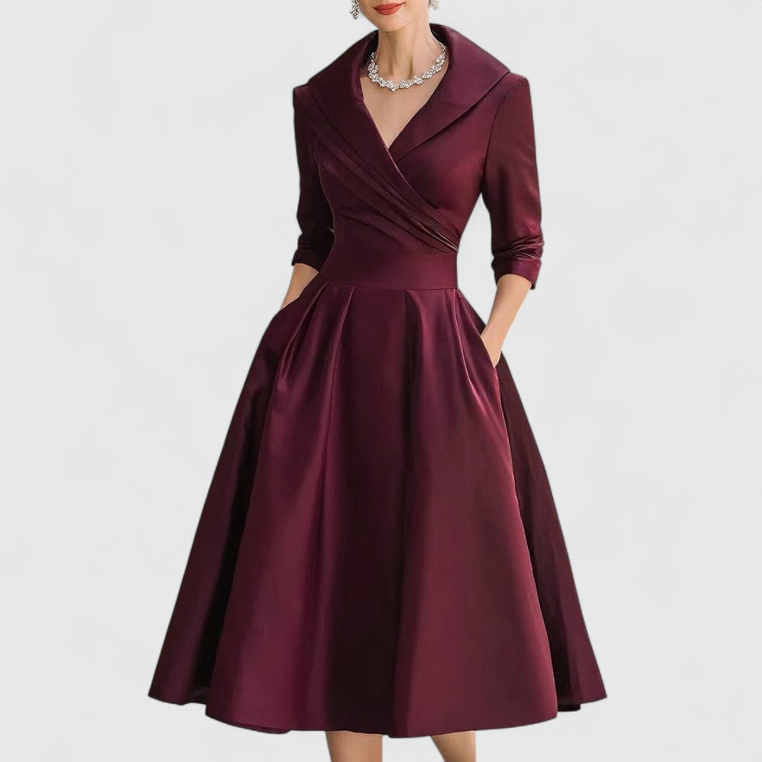 Women's Satin Finish Midi Dress with Surplice Bodice and Pockets