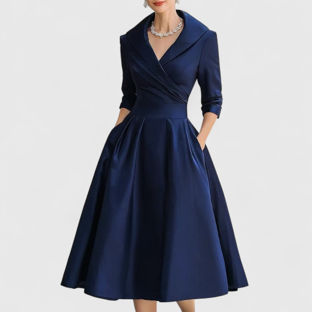 Women's Satin Finish Midi Dress with Surplice Bodice and Pockets