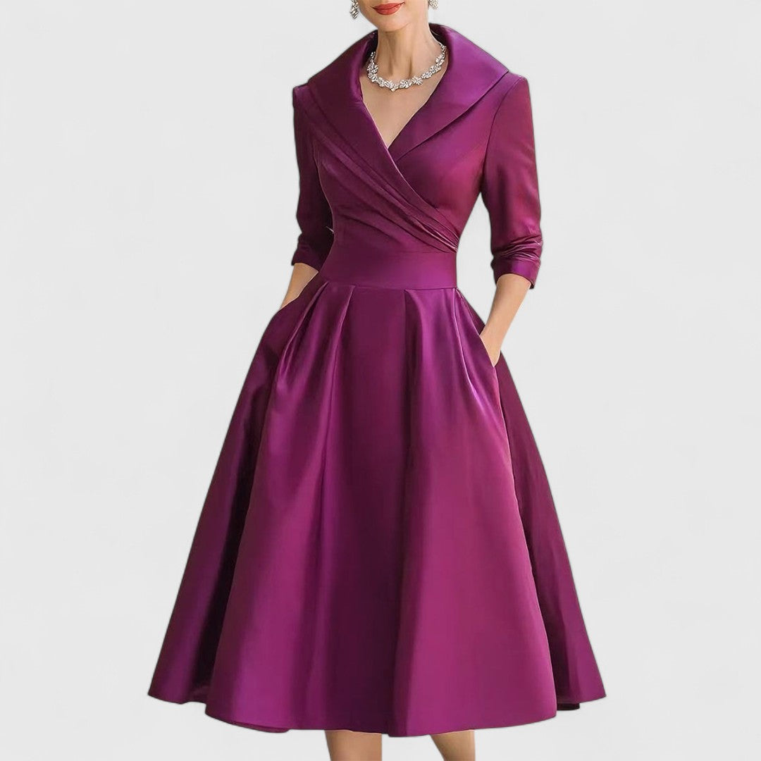 Women's Satin Finish Midi Dress with Surplice Bodice and Pockets