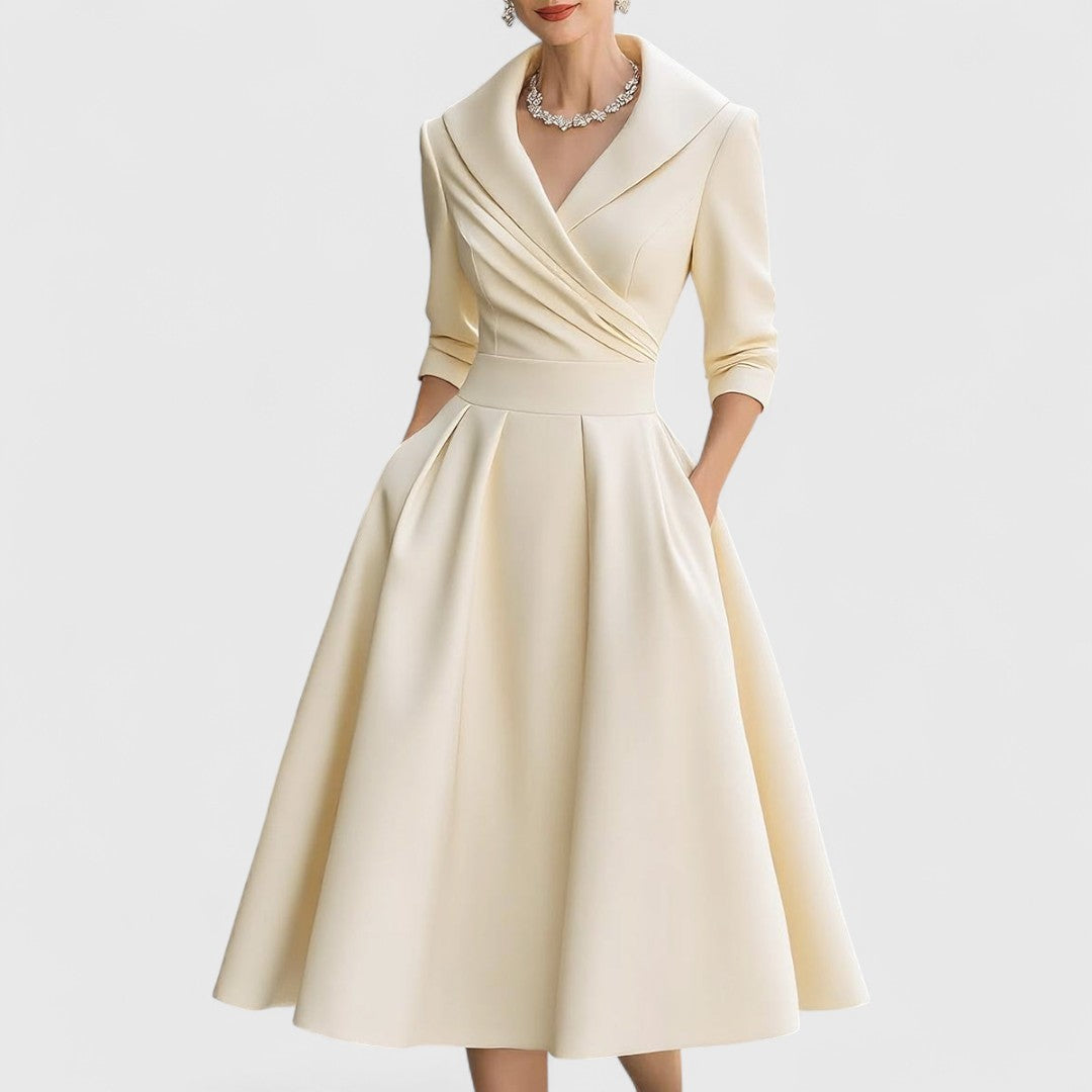 Women's Satin Finish Midi Dress with Surplice Bodice and Pockets