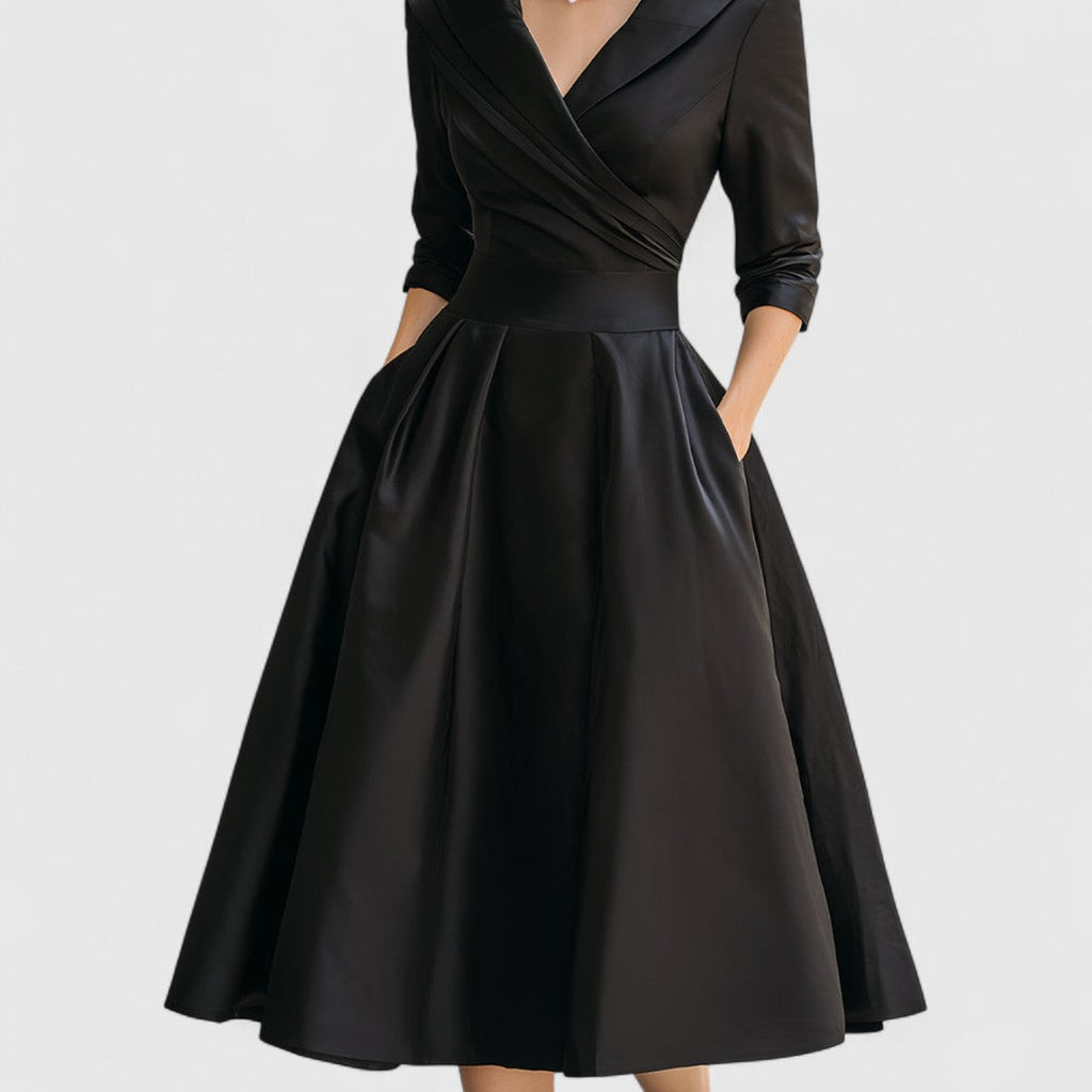 Women's Satin Finish Midi Dress with Surplice Bodice and Pockets