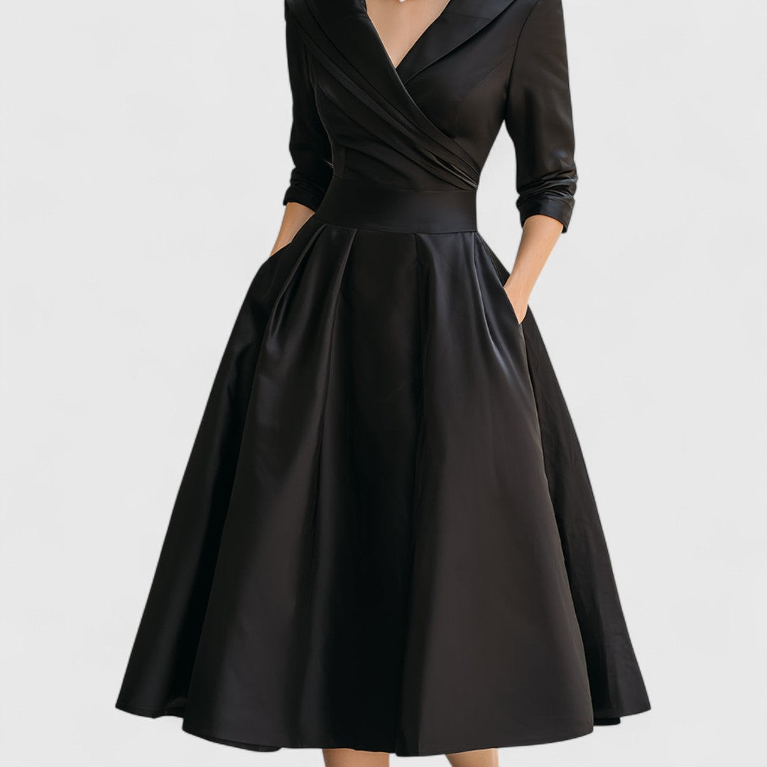 Women's Satin Finish Midi Dress with Surplice Bodice and Pockets