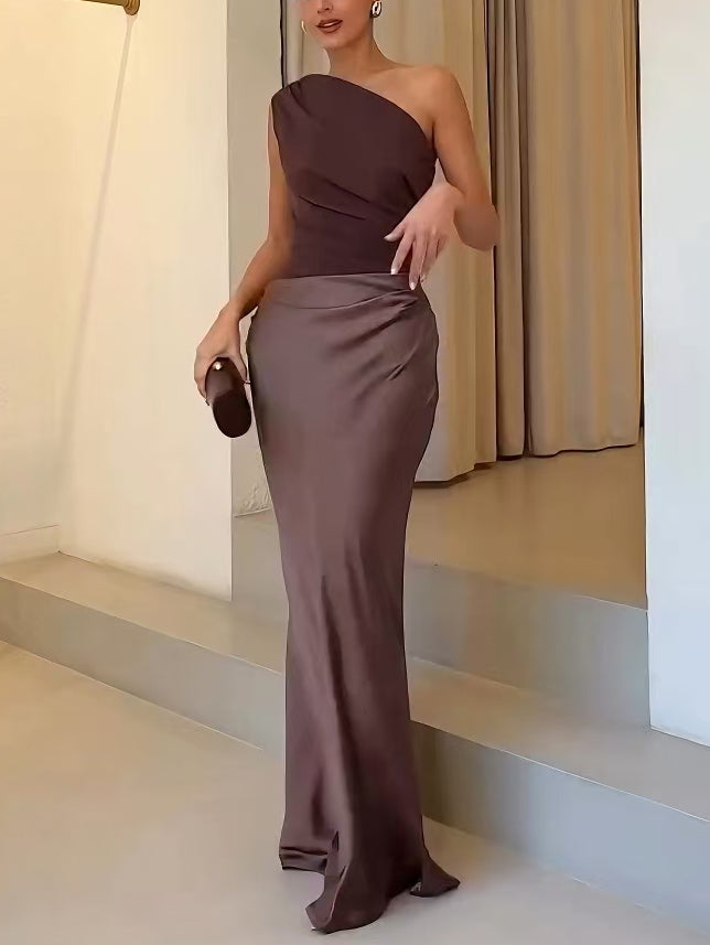 Women's Satin Maxi Dress with One-Shoulder Neckline and Pleated Waist