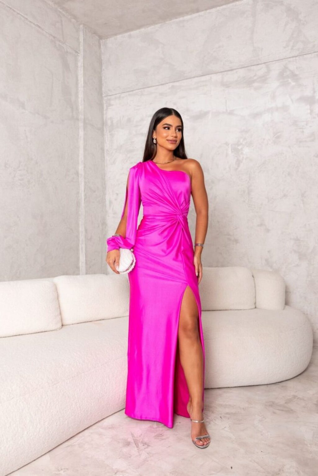 Women's Satin- Maxi Dress with One-Shoulder Neckline and Side Slit