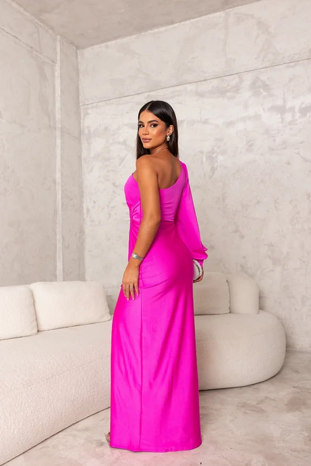 Women's Satin- Maxi Dress with One-Shoulder Neckline and Side Slit