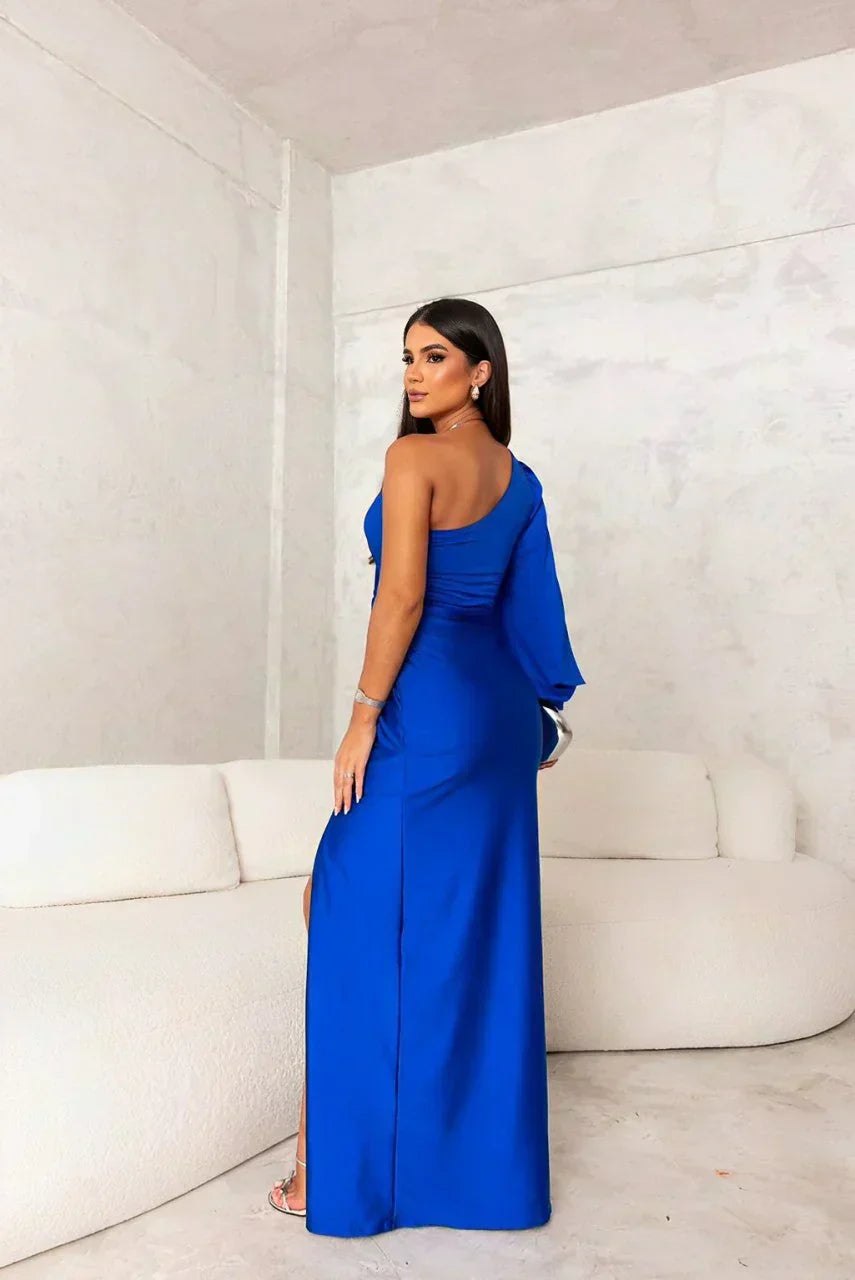 Women's Satin- Maxi Dress with One-Shoulder Neckline and Side Slit