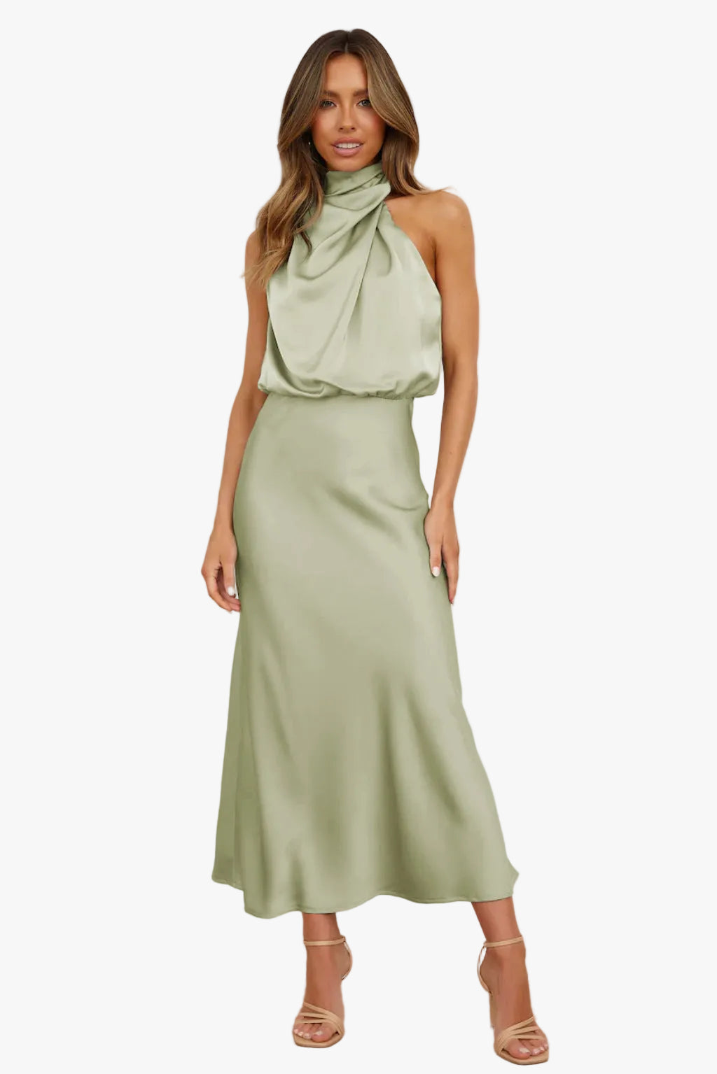 Women's Satin Midi Dress with Halter Neck and Draped Bodice