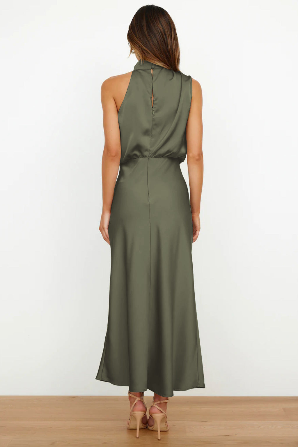 Women's Satin Midi Dress with Halter Neck and Draped Bodice