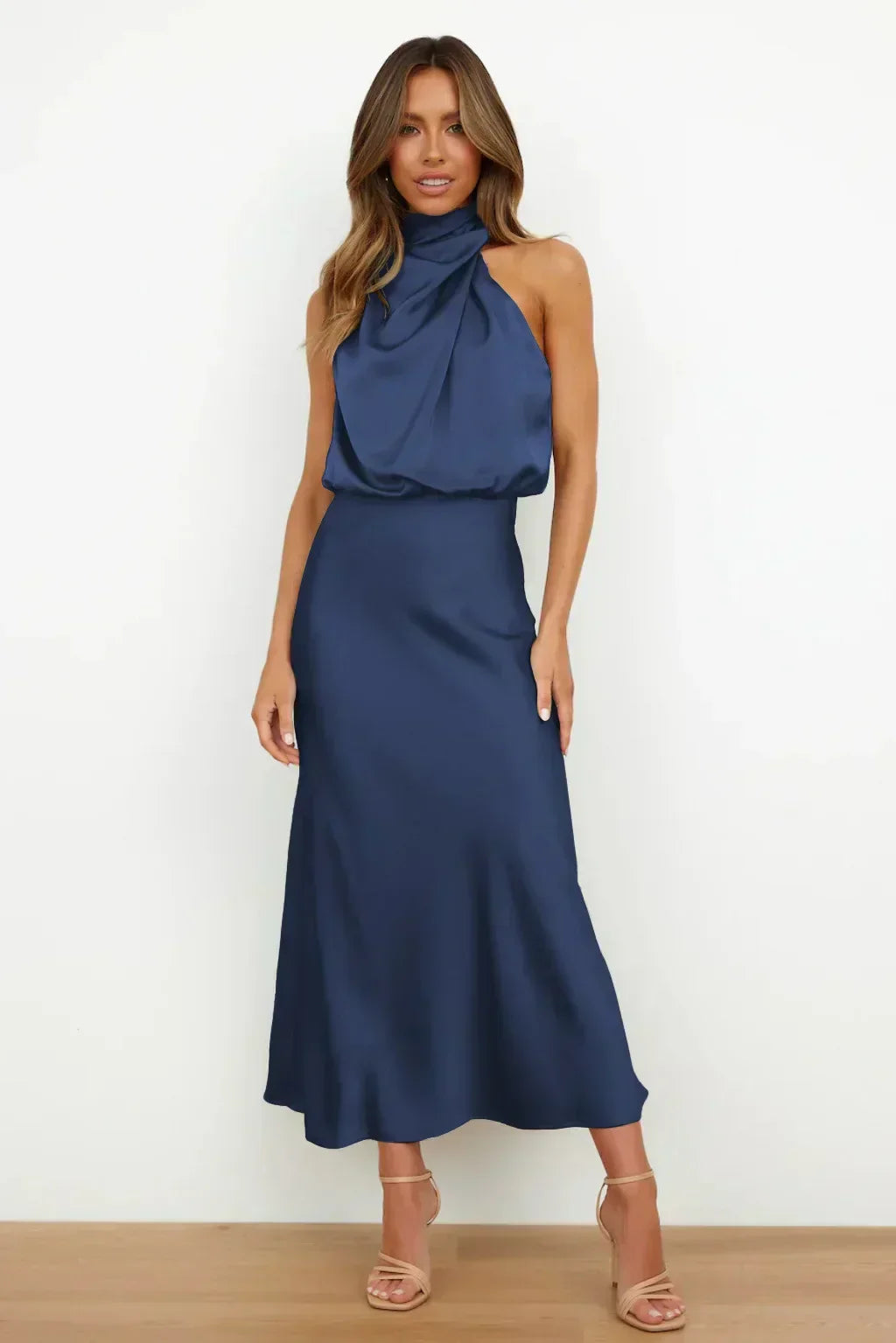 Women's Satin Midi Dress with Halter Neck and Draped Bodice