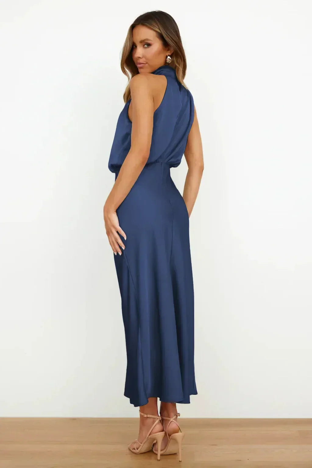 Women's Satin Midi Dress with Halter Neck and Draped Bodice