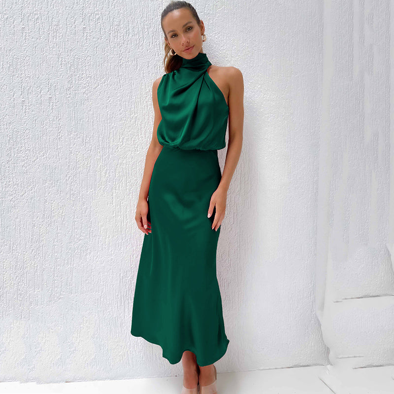 Women's Satin Midi Dress with Halter Neck and Draped Bodice