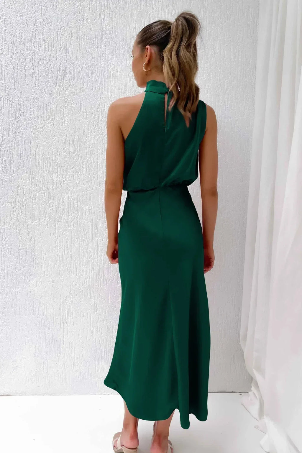 Women's Satin Midi Dress with Halter Neck and Draped Bodice