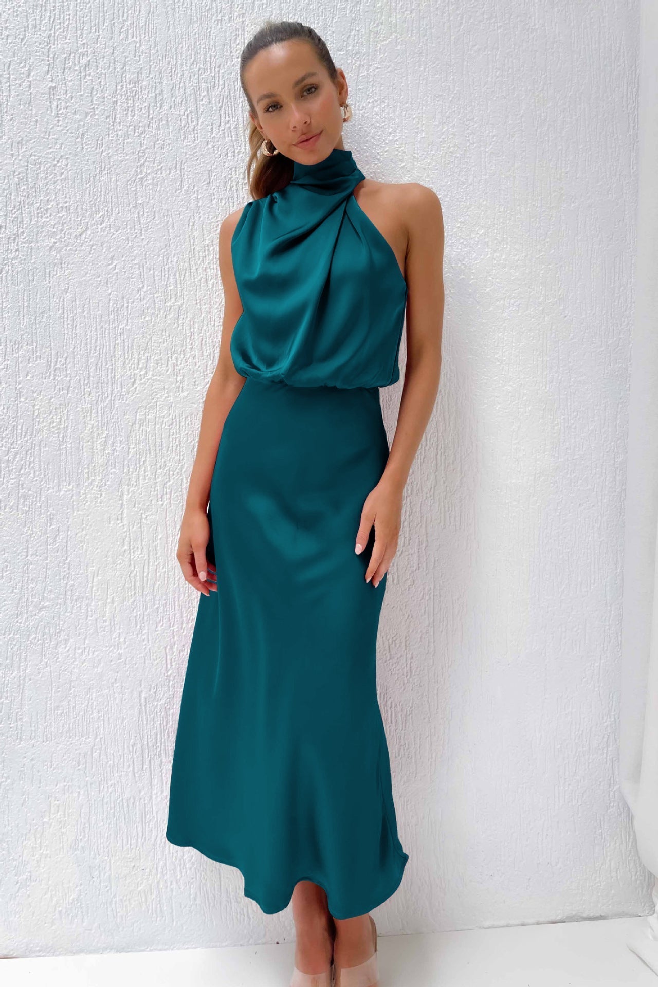 Women's Satin Midi Dress with Halter Neck and Draped Bodice