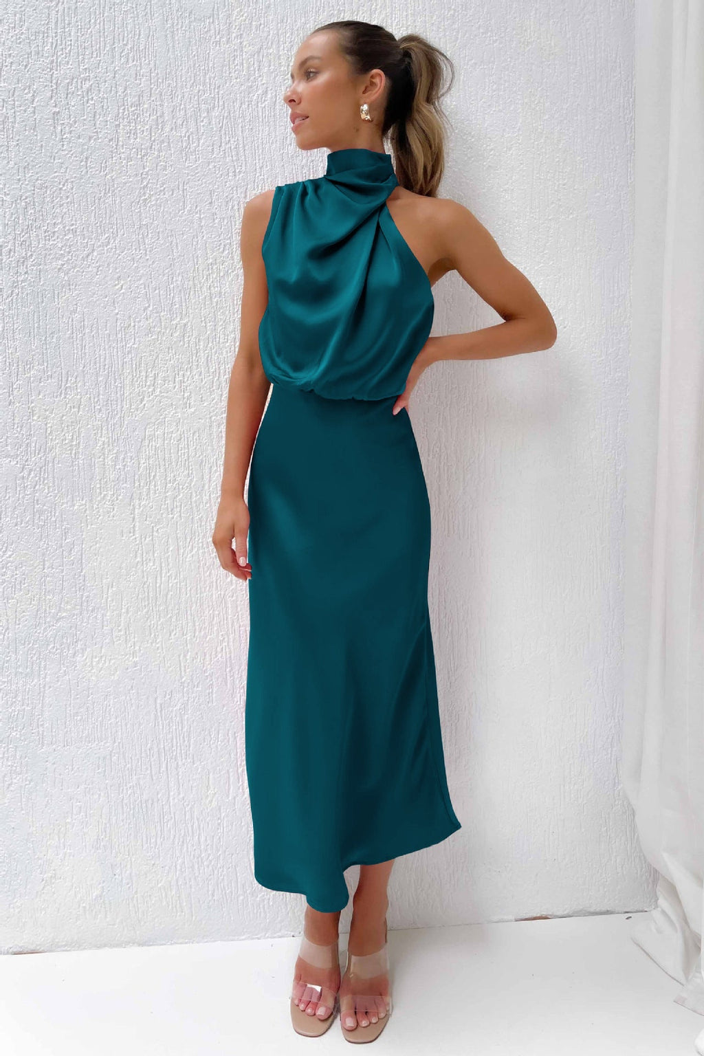 Women's Satin Midi Dress with Halter Neck and Draped Bodice