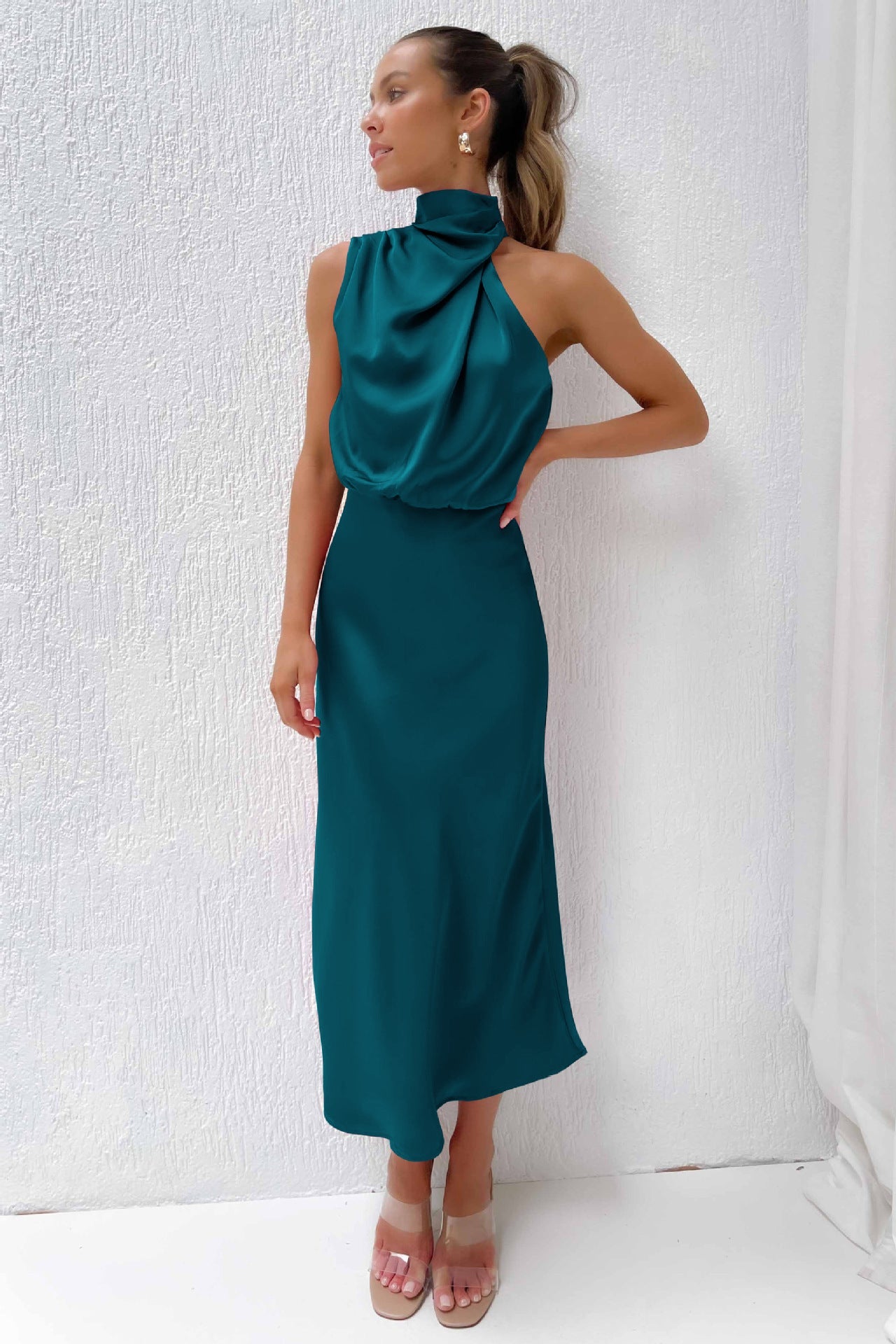 Women's Satin Midi Dress with Halter Neck and Draped Bodice