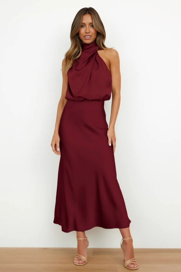 Women's Satin Midi Dress with Halter Neck and Draped Bodice