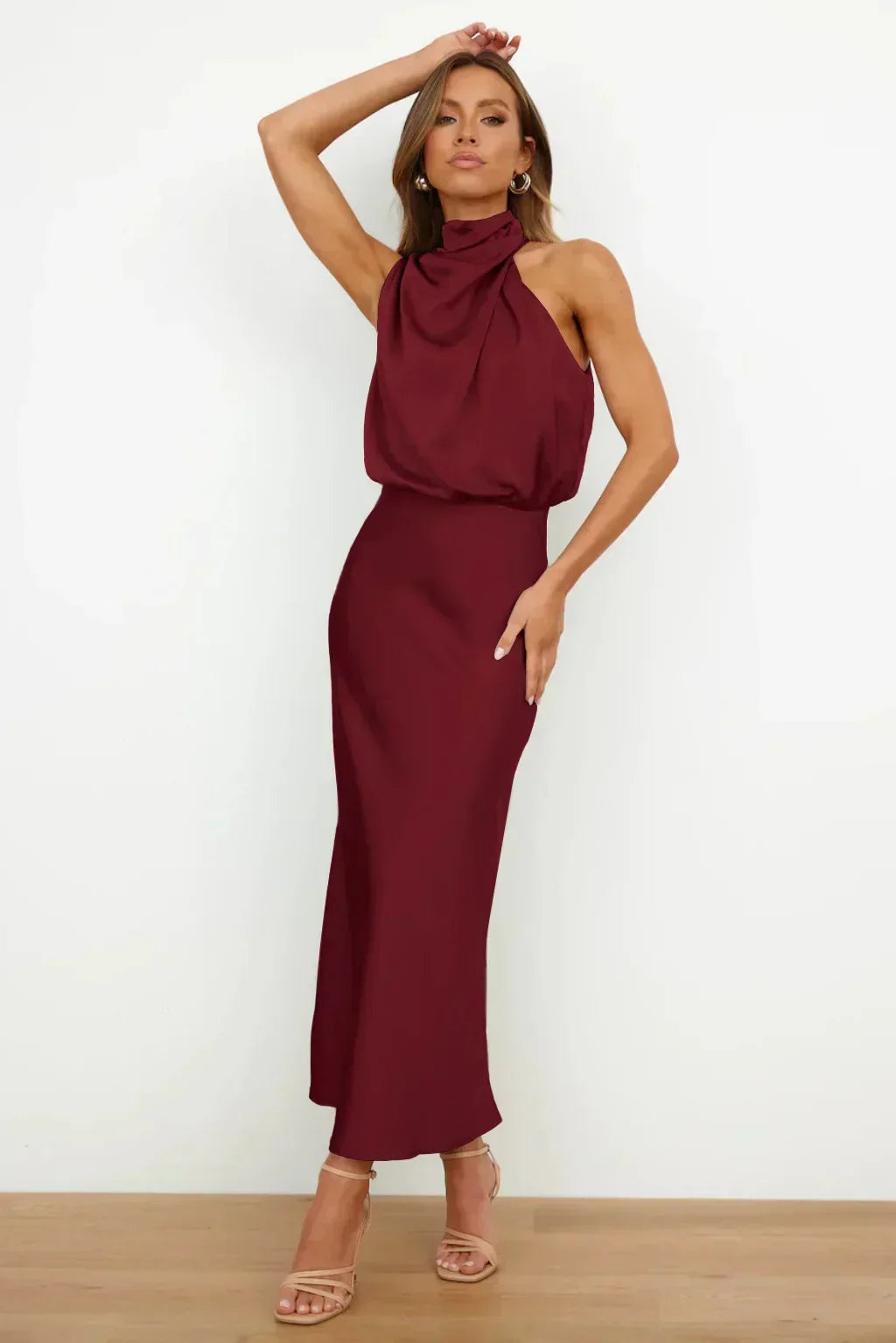Women's Satin Midi Dress with Halter Neck and Draped Bodice