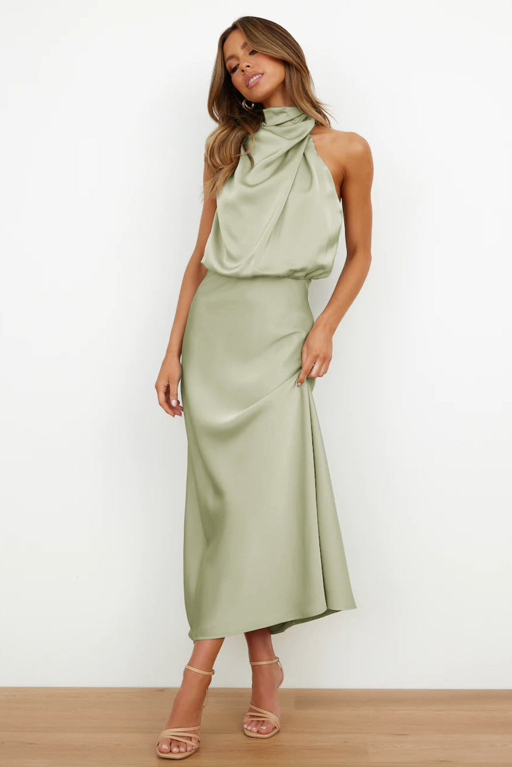 Women's Satin Midi Dress with Halter Neck and Draped Bodice