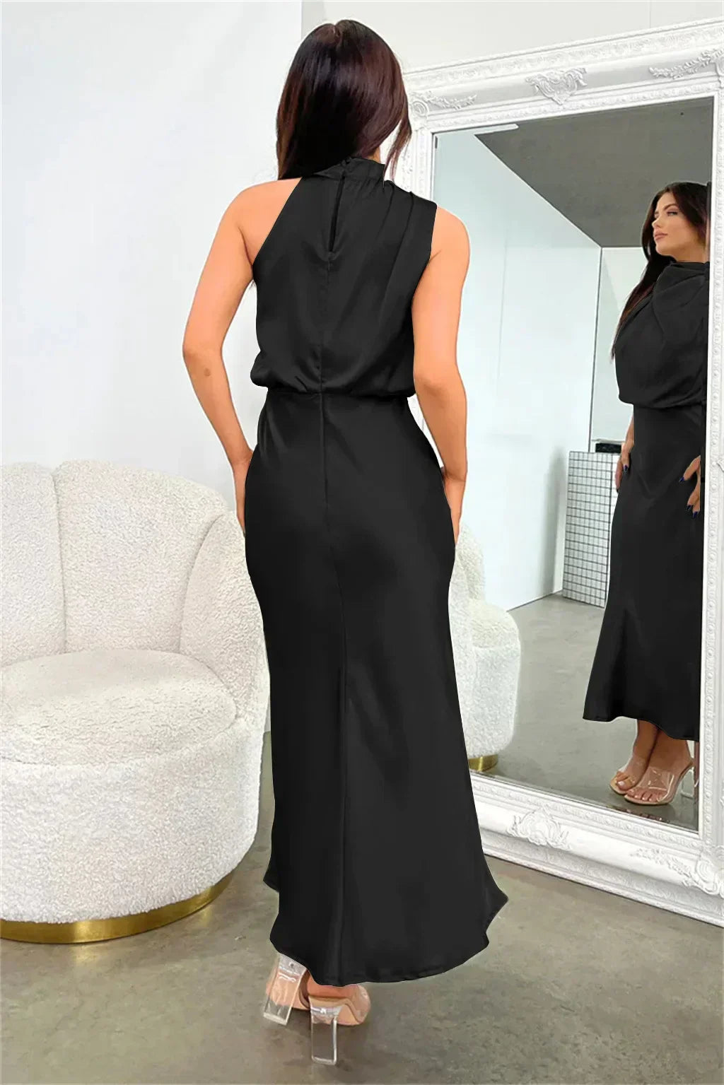 Women's Satin Midi Dress with Halter Neck and Draped Bodice