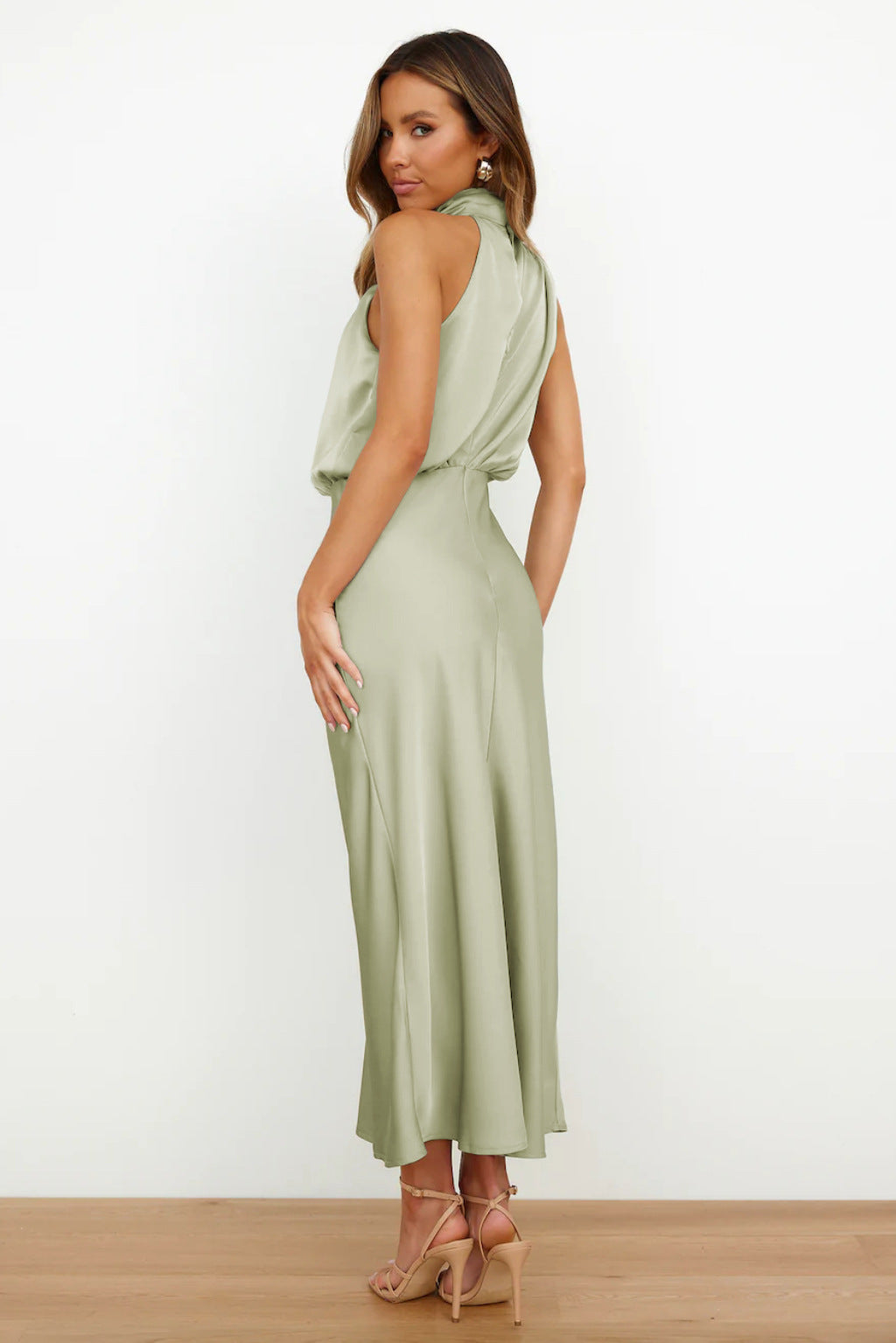 Women's Satin Midi Dress with Halter Neck and Draped Bodice