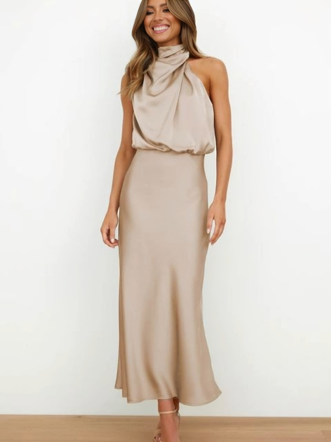 Women's Satin Midi Dress with Halter Neck and Draped Bodice