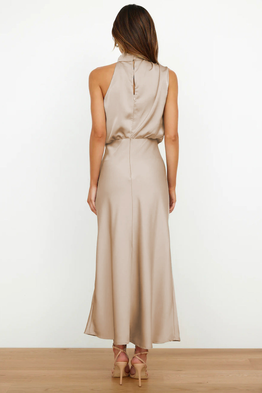 Women's Satin Midi Dress with Halter Neck and Draped Bodice