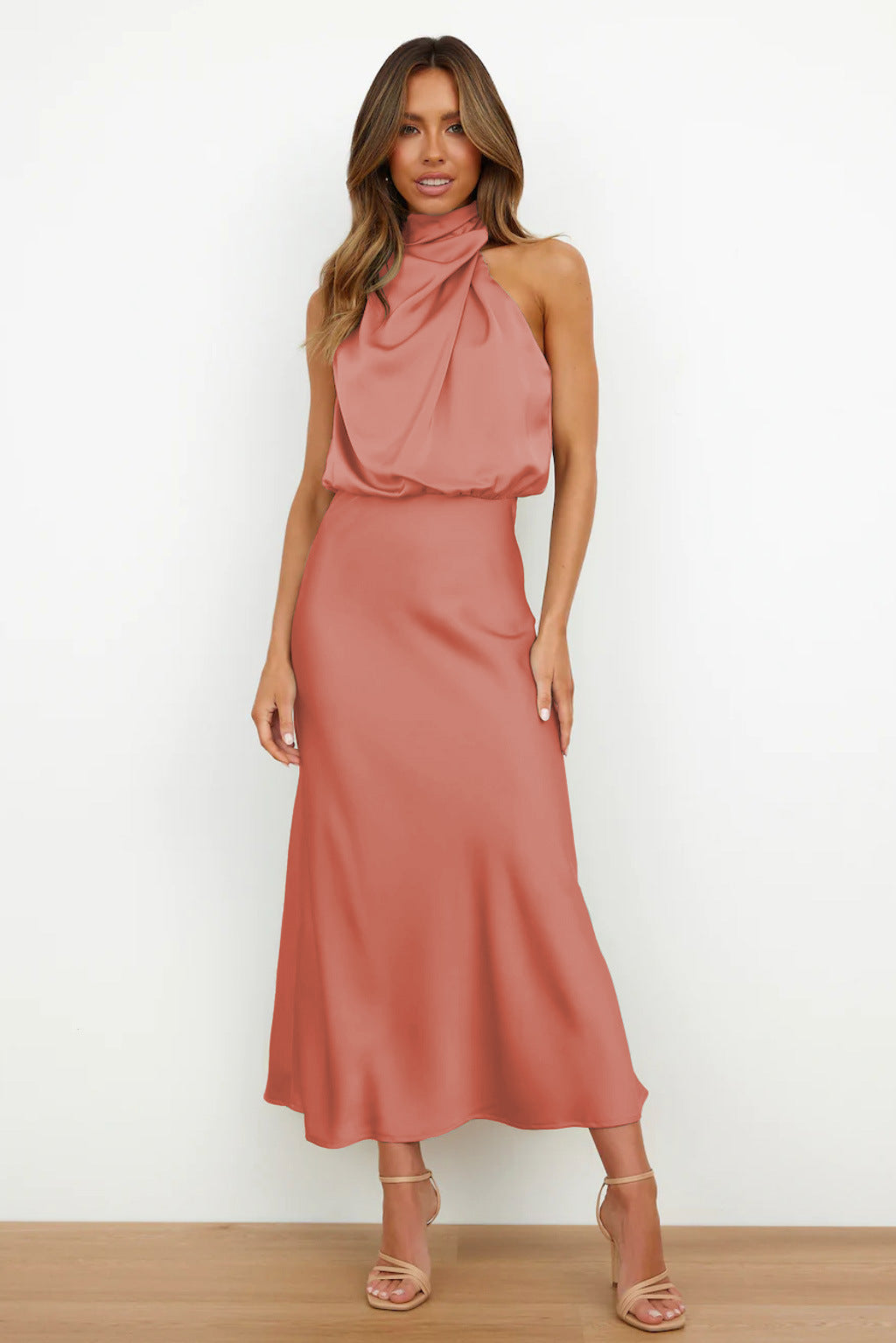 Women's Satin Midi Dress with Halter Neck and Draped Bodice