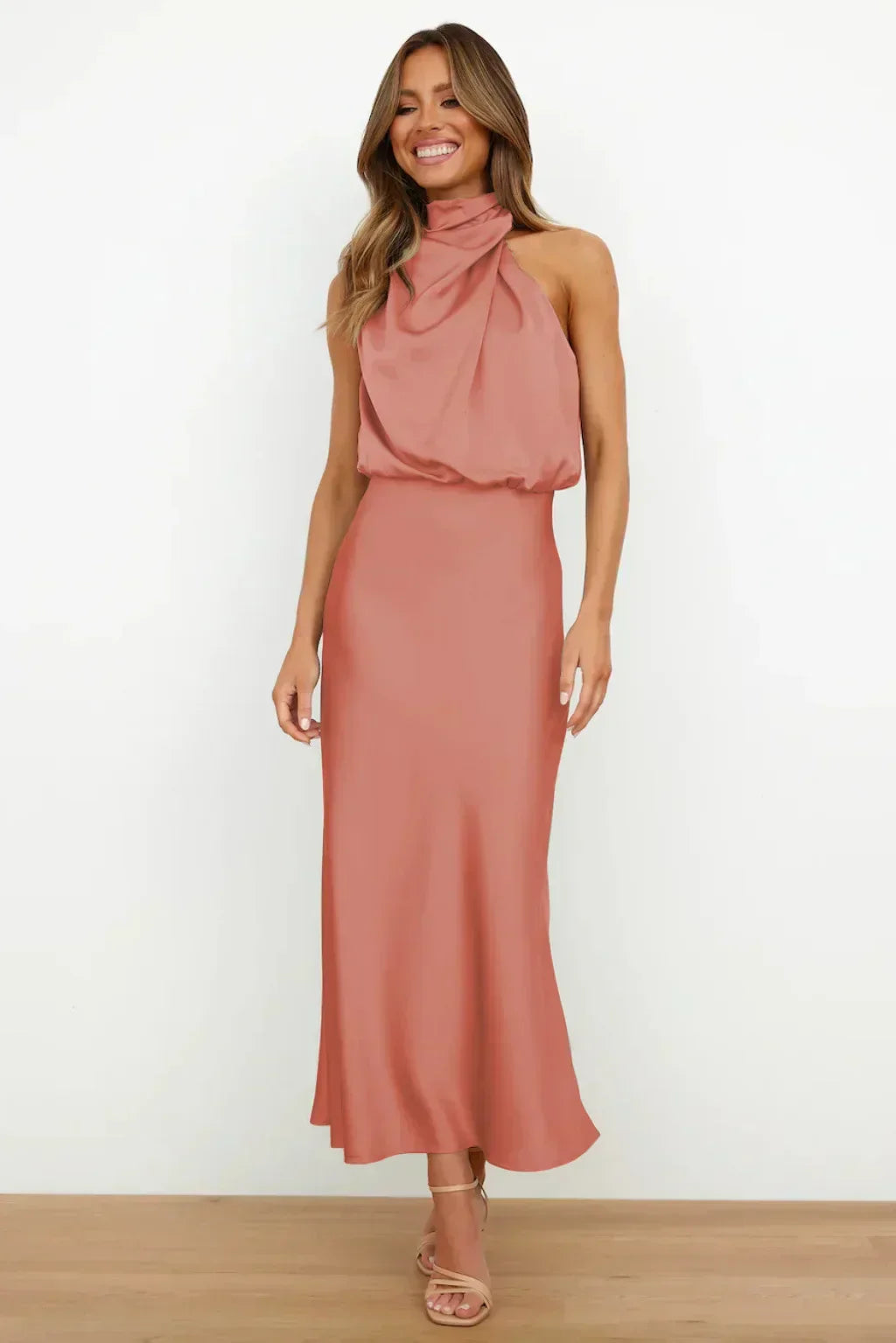 Women's Satin Midi Dress with Halter Neck and Draped Bodice