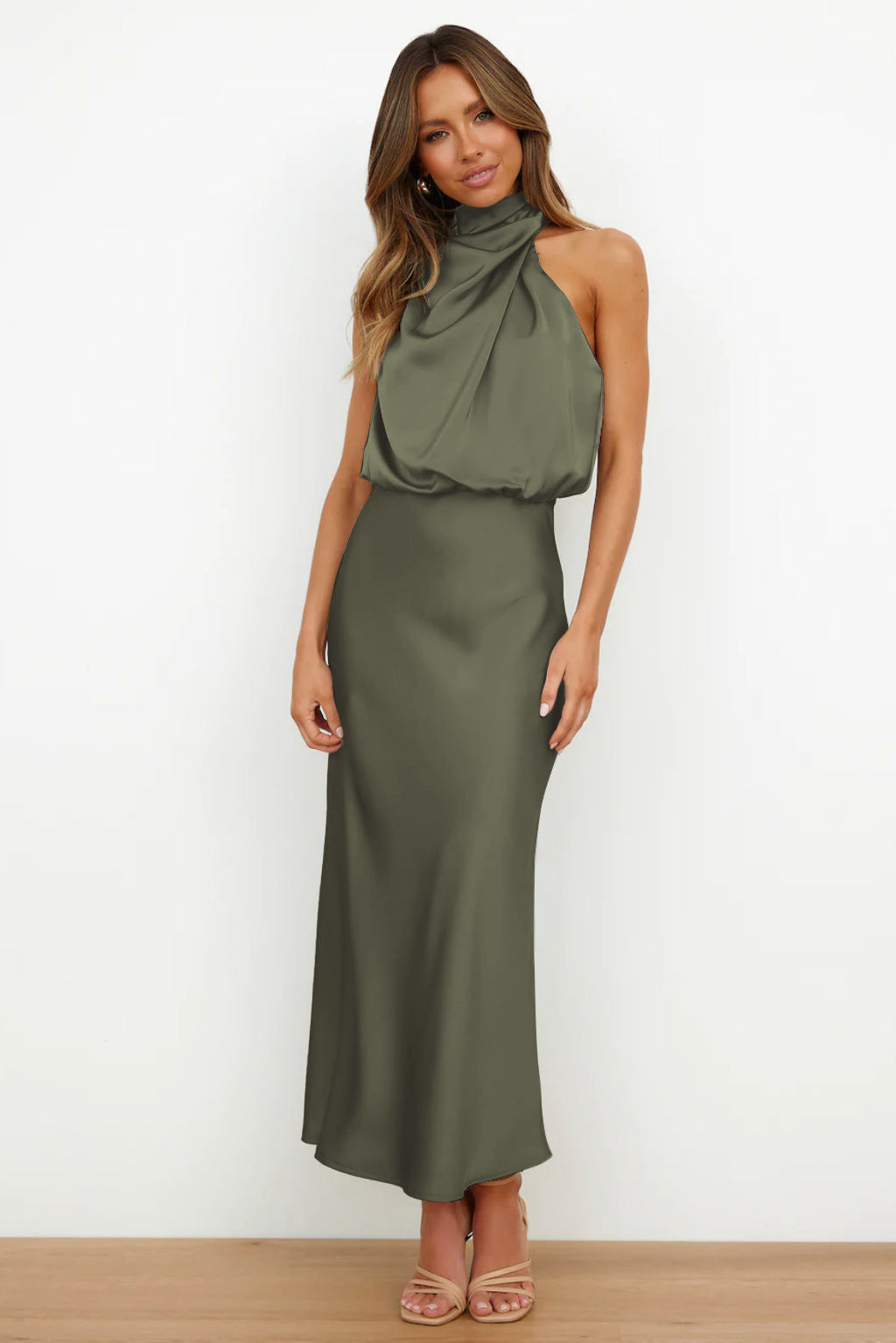 Women's Satin Midi Dress with Halter Neck and Draped Bodice