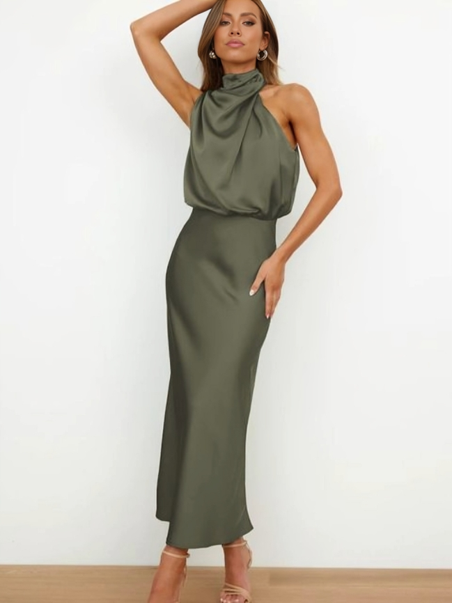 Women's Satin Midi Dress with Halter Neck and Draped Bodice