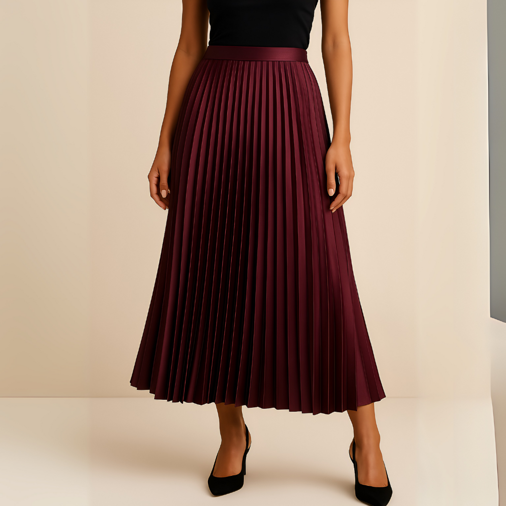Women's Satin Midi Skirt with High Waist and Pleats
