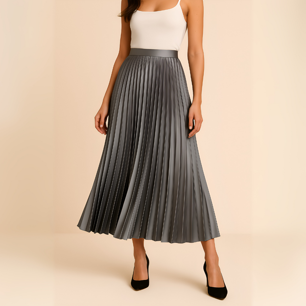 Women's Satin Midi Skirt with High Waist and Pleats