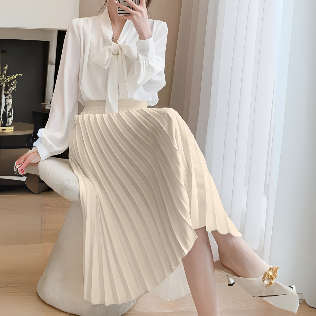 Women's Satin Midi Skirt with High Waist and Pleats