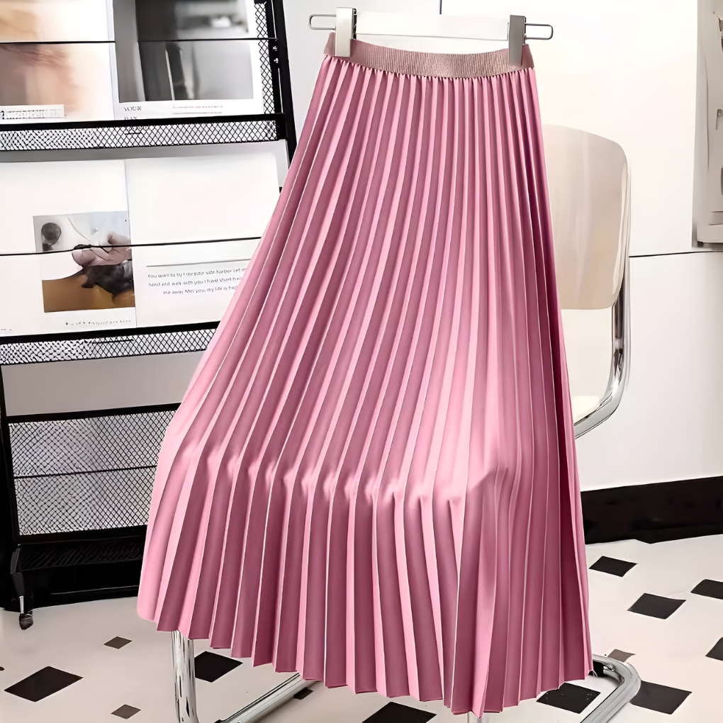 Women's Satin Midi Skirt with High Waist and Pleats