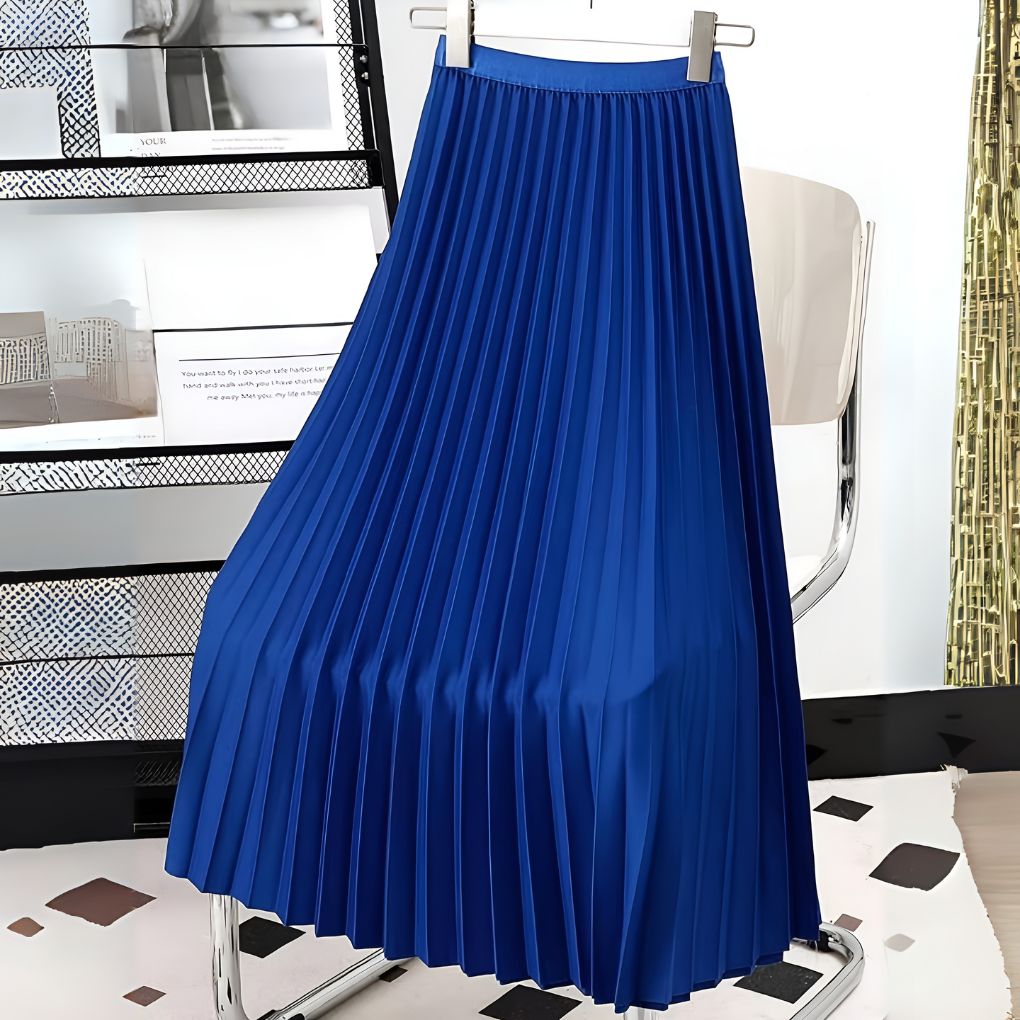 Women's Satin Midi Skirt with High Waist and Pleats