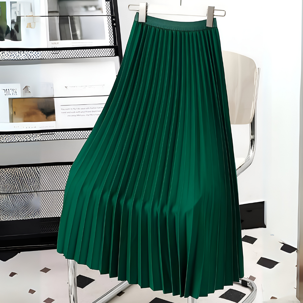 Women's Satin Midi Skirt with High Waist and Pleats