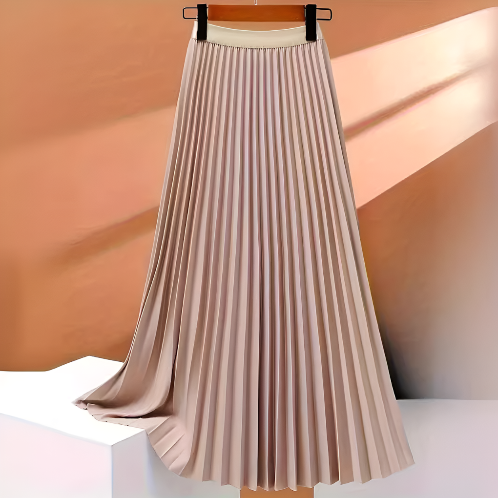 Women's Satin Midi Skirt with High Waist and Pleats