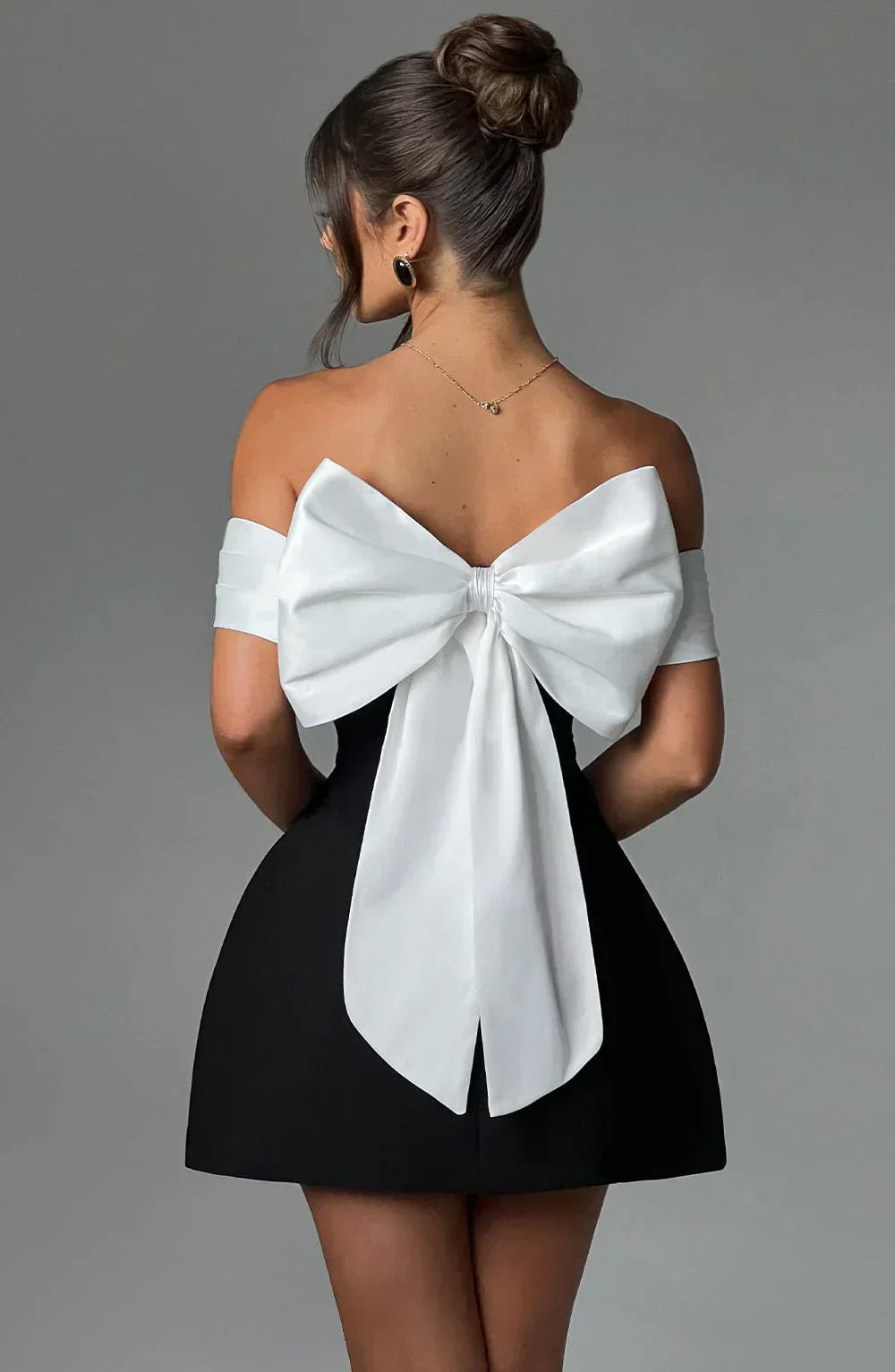 Women's Satin Mini Dress with Off-Shoulder Band and Back Bow
