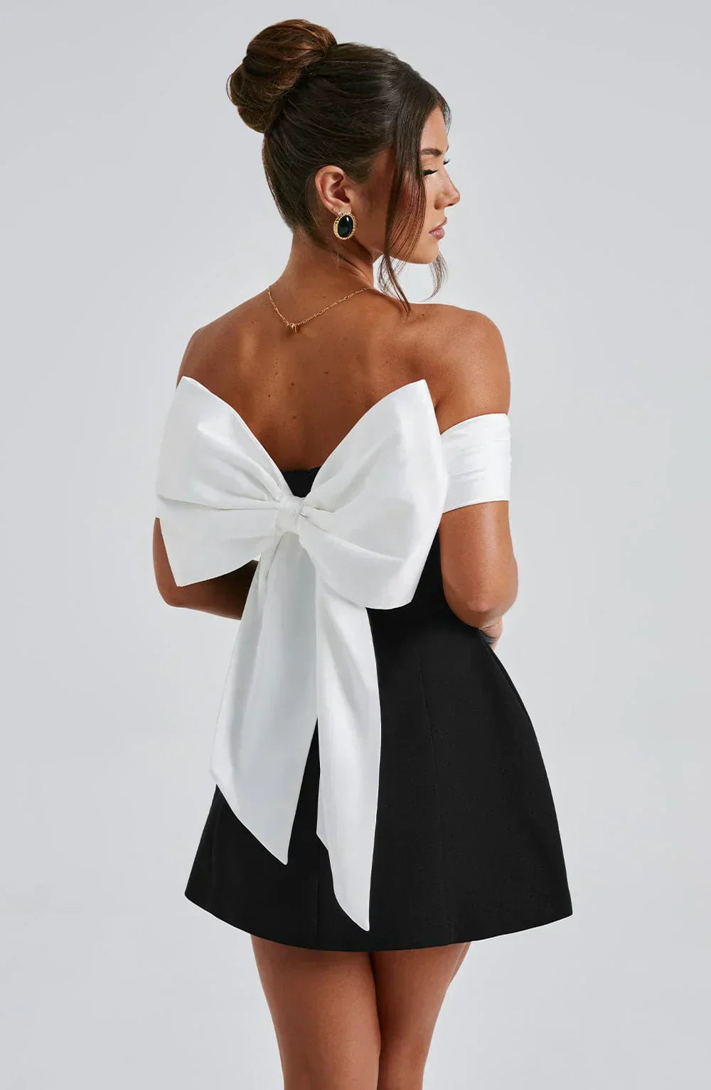 Women's Satin Mini Dress with Off-Shoulder Band and Back Bow