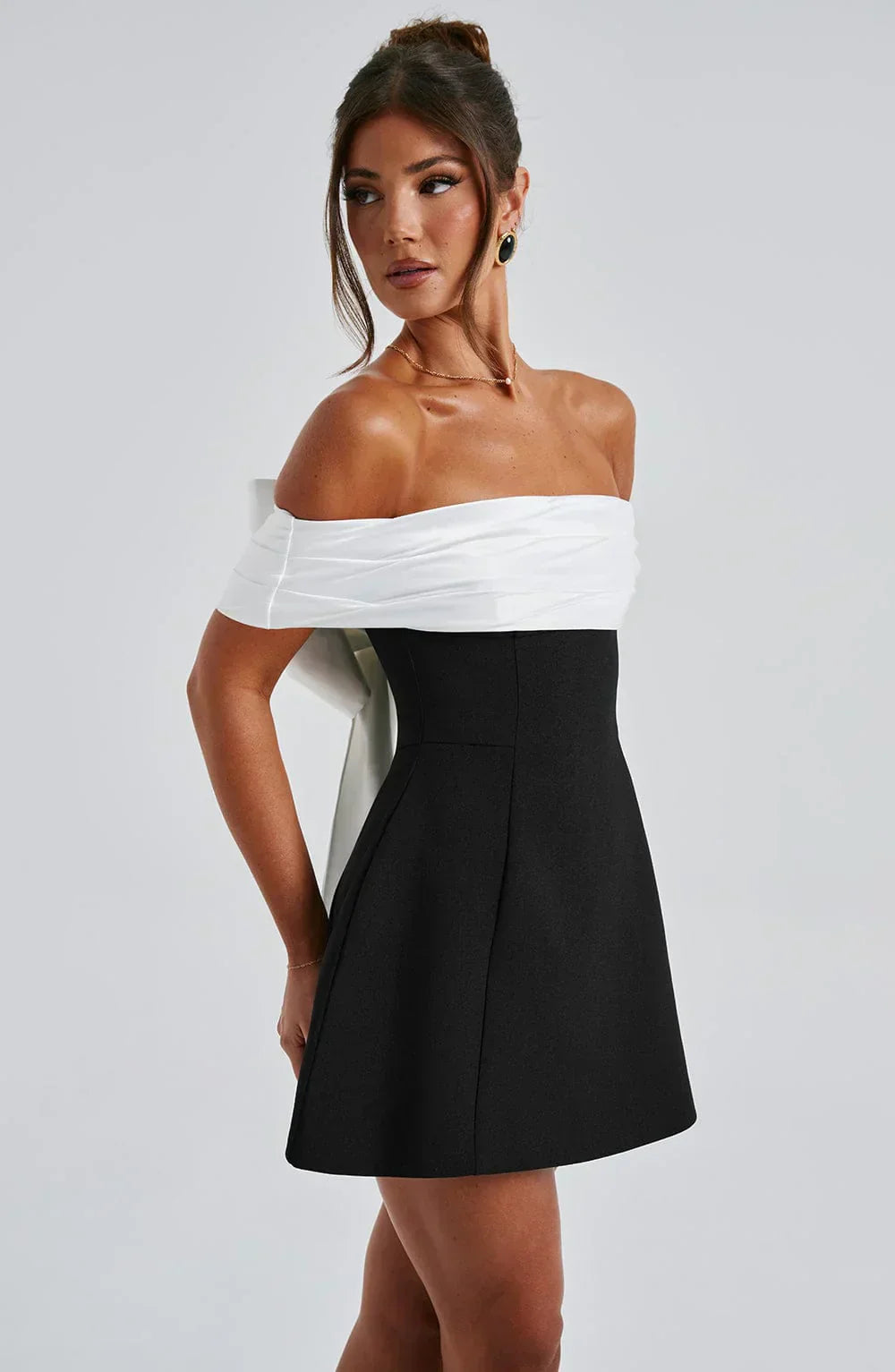 Women's Satin Mini Dress with Off-Shoulder Band and Back Bow