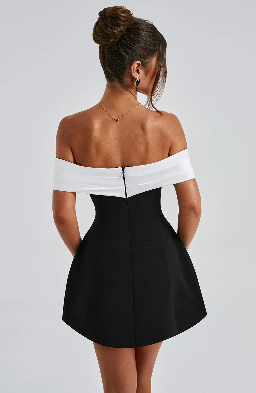 Women's Satin Mini Dress with Off-Shoulder Band and Back Bow